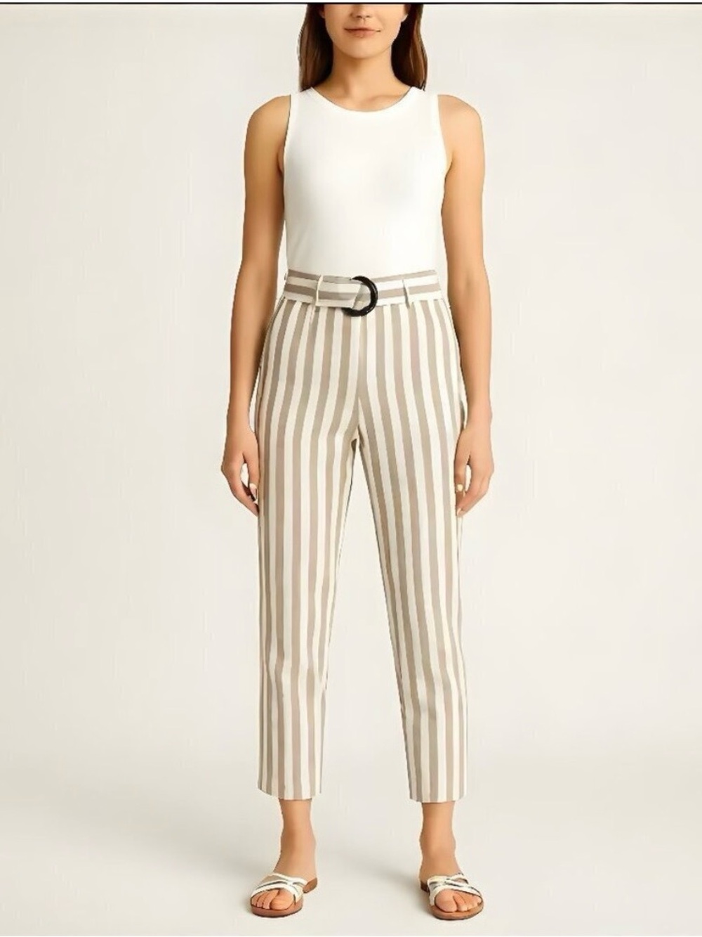 Anthropologie Beige and White Vertical Stripe Cropped Pants with Belt